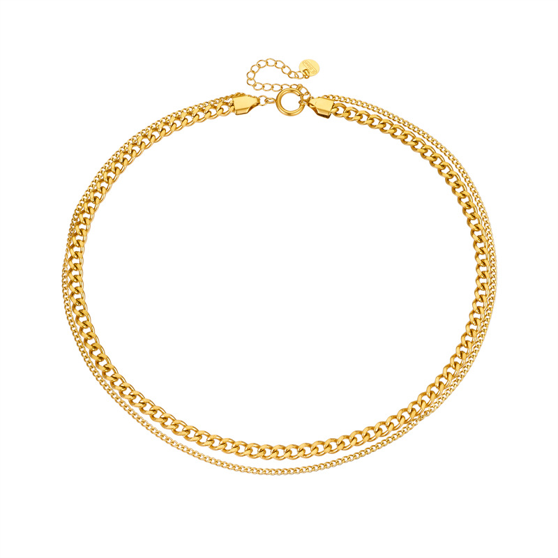 European and American fashionable, simple punk hip-hop double-layer stacked chain gold-plated stainless steel women's jewelry necklace Item Picture