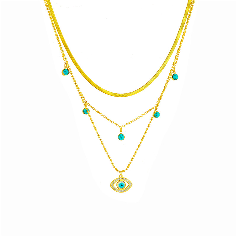 European and American cross-border fashion accessories multi-layer chain turquoise hollowed-out diamond-encrusted blue eye pendant collarbone necklace Item Picture