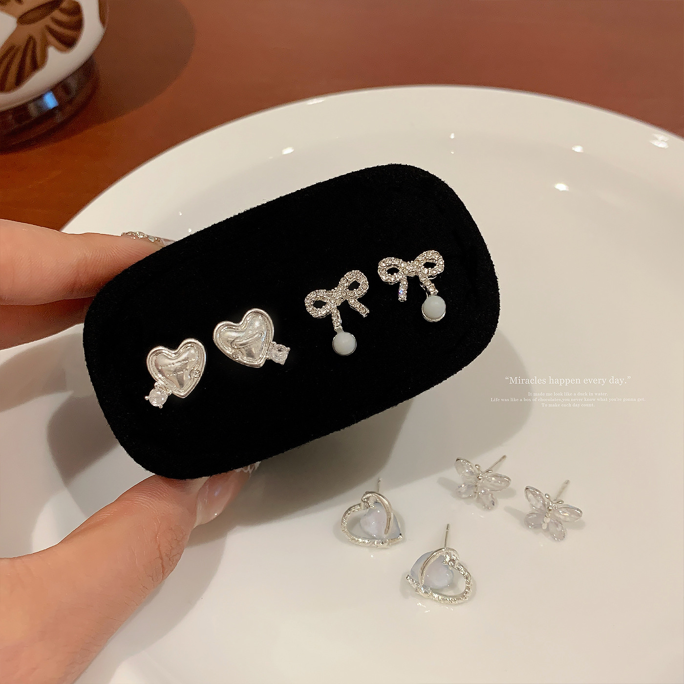 Korean version of super ethereal and sweet zircon heart-shaped butterfly stud earrings, women's silver needle, elegant, niche, light luxury, high-end three-dimensional earrings details Picture