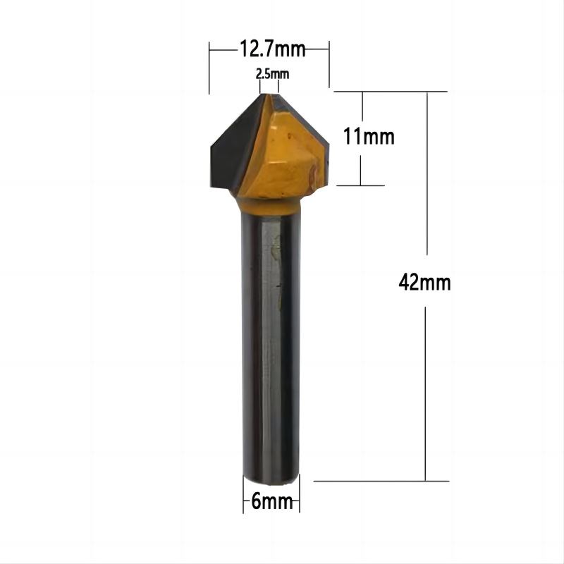 Export 6MM handle flat head 90-degree V-shaped knife, 6*1/2*2.5MM, outer diameter 12.7MM, yellow Specification drawing