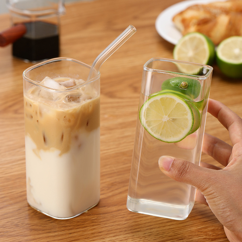 High-appearance-level covered straw heat-resistant glass cup, ins style high borosilicate milk coffee juice cup, square-mouthed glass cup details Picture