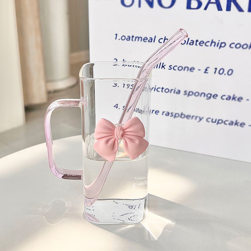 Square glass cup, cartoon household simple ins, high appearance level, straw water cup, women's high-temperature resistant flat bottom, colorful cup Specification drawing