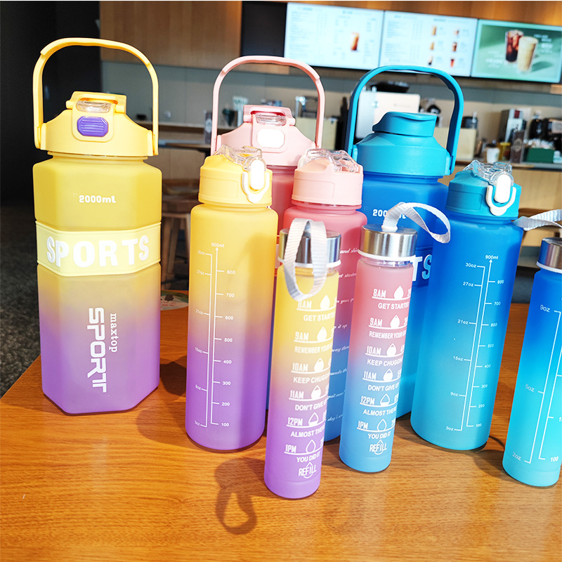 Large-capacity PET plastic cup gradient three-piece set, double-drinking straw water cup, outdoor sports portable handle cold water bottle details Picture