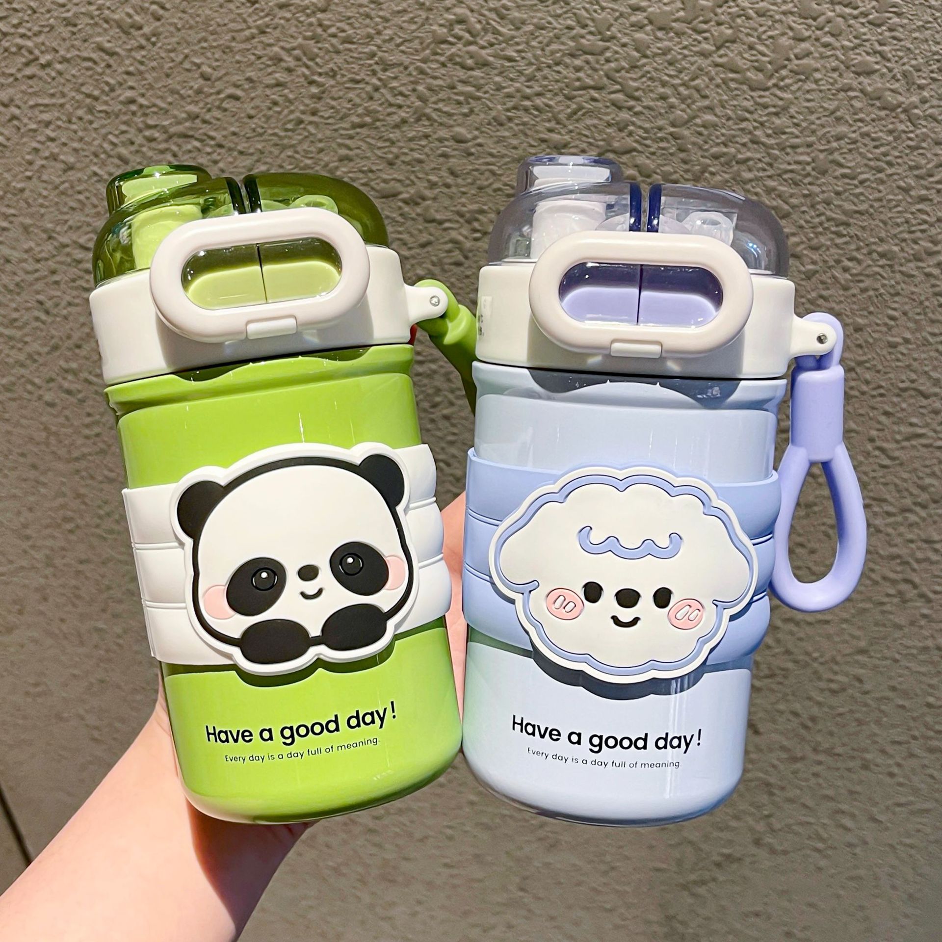 Colorful animal glasses, large and small thermos cups, sturdy handle ring for easy carrying, lock design, silicone cup sleeve, drinking cup details Picture