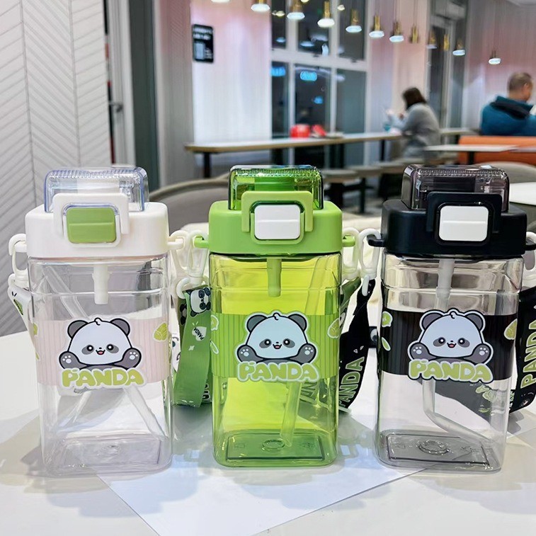 Yitong New Panda Simple Double-Drinking Plastic Cup, Portable square Cup, Cartoon Children's Water bottle, Lock buckle pop-up lid straw cup Item Picture