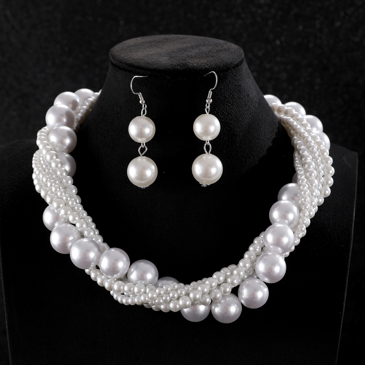 European and American cross-border jewelry, exaggerated pearl necklace, earrings, two-piece set, stacked neckchain, earrings, high-end jewelry for women Specification drawing