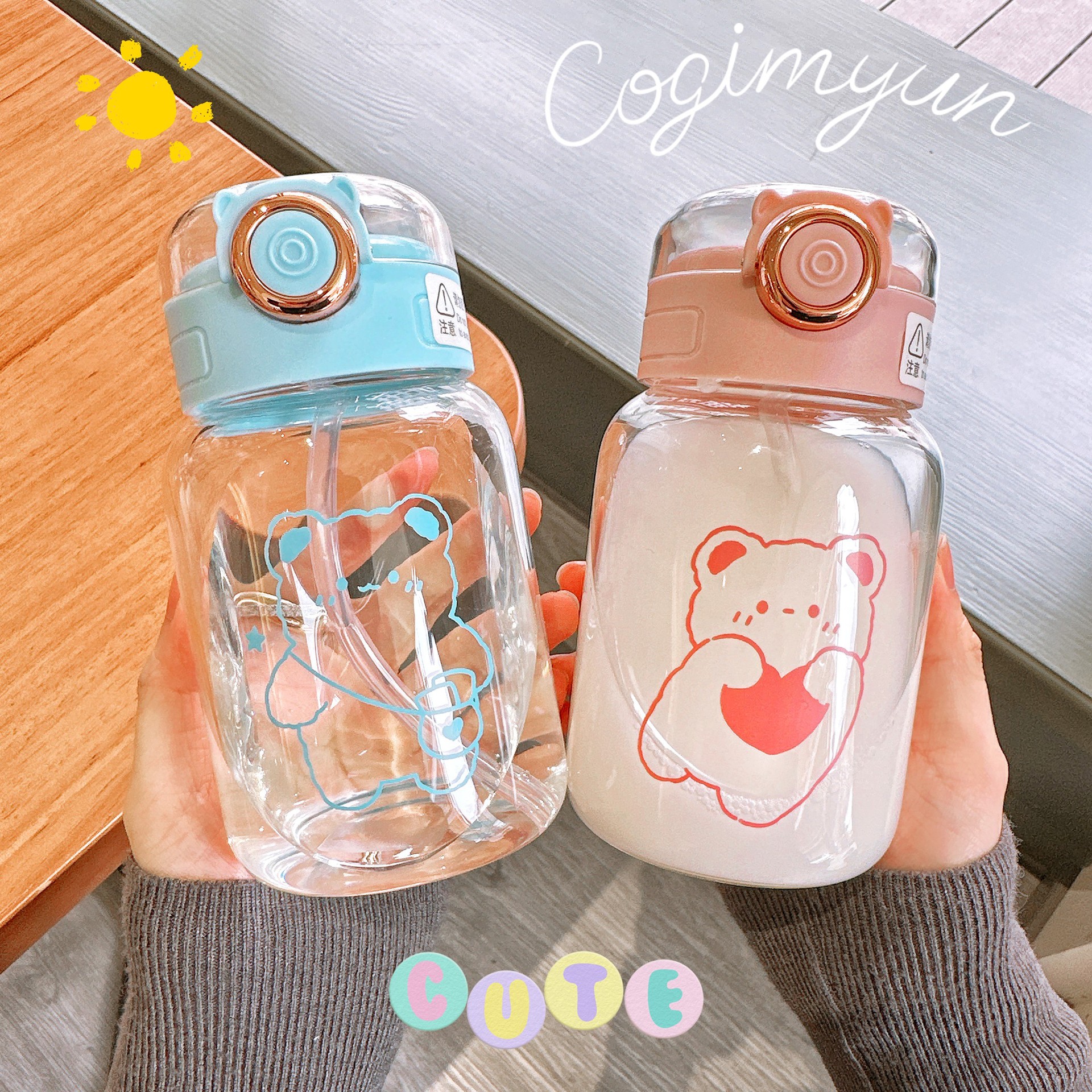 Cartoon glass cups, simple and fashionable, small student water cups, portable pop-up LIDS, high appearance standards for girls, straw cups wholesale Specification drawing