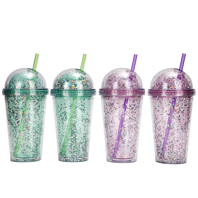 Factory direct sales, processing and customization of 16oz double-layer plastic straw cups with round LIDS, creative portability with logos, and casual cups full figure