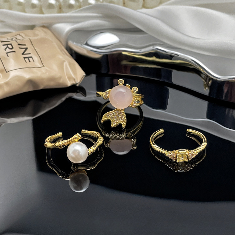 High-end pearl bamboo joint opening ring for women, Japanese and Korean Internet celebrity goldfish, personalized and fashionable ring, unique accessory for students Specification drawing