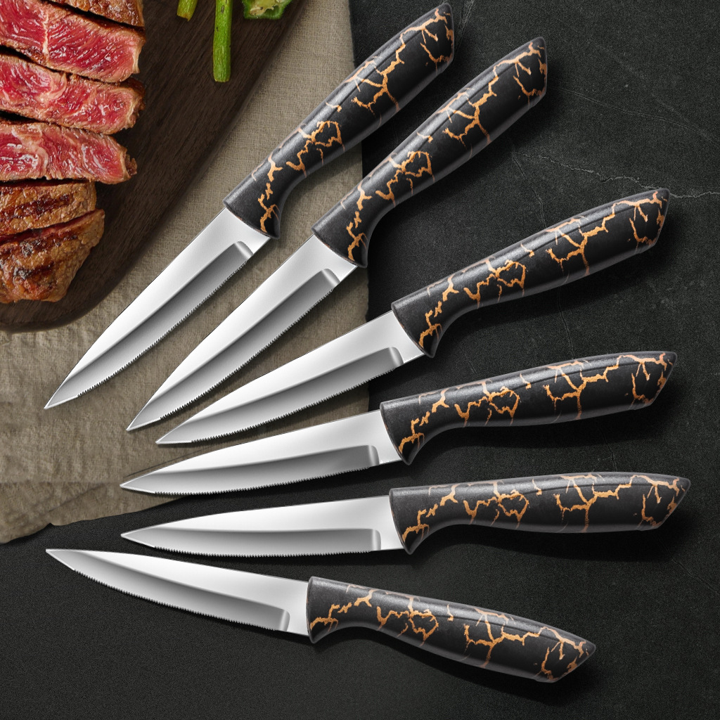 Stainless steel marble-patterned steak knife, serrated knife, Western dining knife, six-piece set of Western tableware, kitchen and hotel utensils full figure