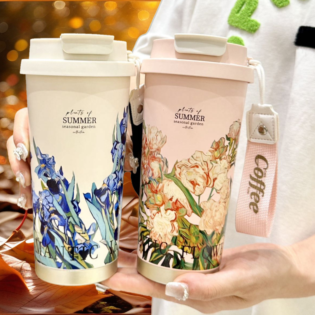 Summer Garden White Rose Insulated Cup, Double-drinking Coffee Cup, Stainless steel Straw Cup, Practical insulated cup for girls as a gift full figure