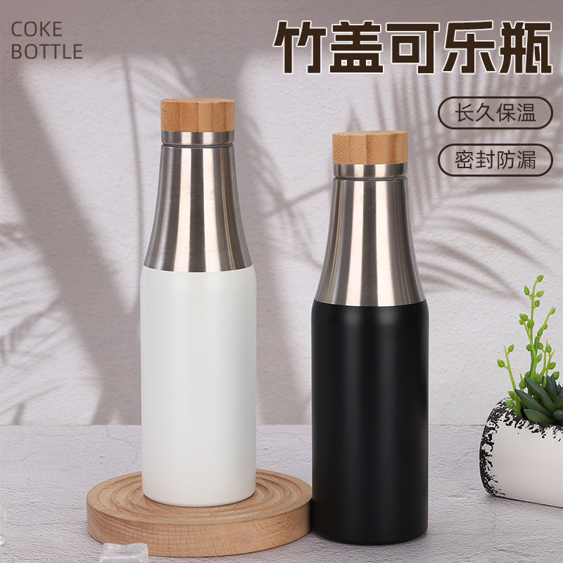 Cross-border bamboo cap cola bottle, 304 stainless steel double-layer vacuum insulated cup, American-style small-mouthed portable sports water bottle full figure