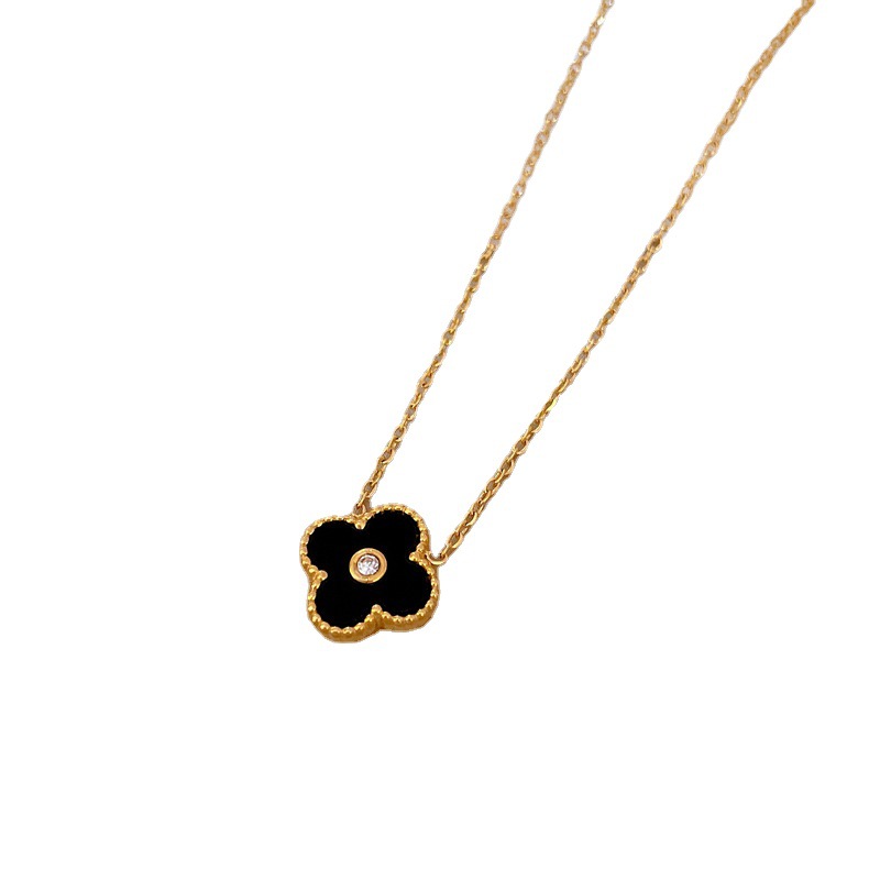 【 All-titanium Steel 】 Mother-of-pearl four-leaf flower minimalist style furnace real gold necklace, female Instagram Internet celebrity collarbone chain accessory Item Picture