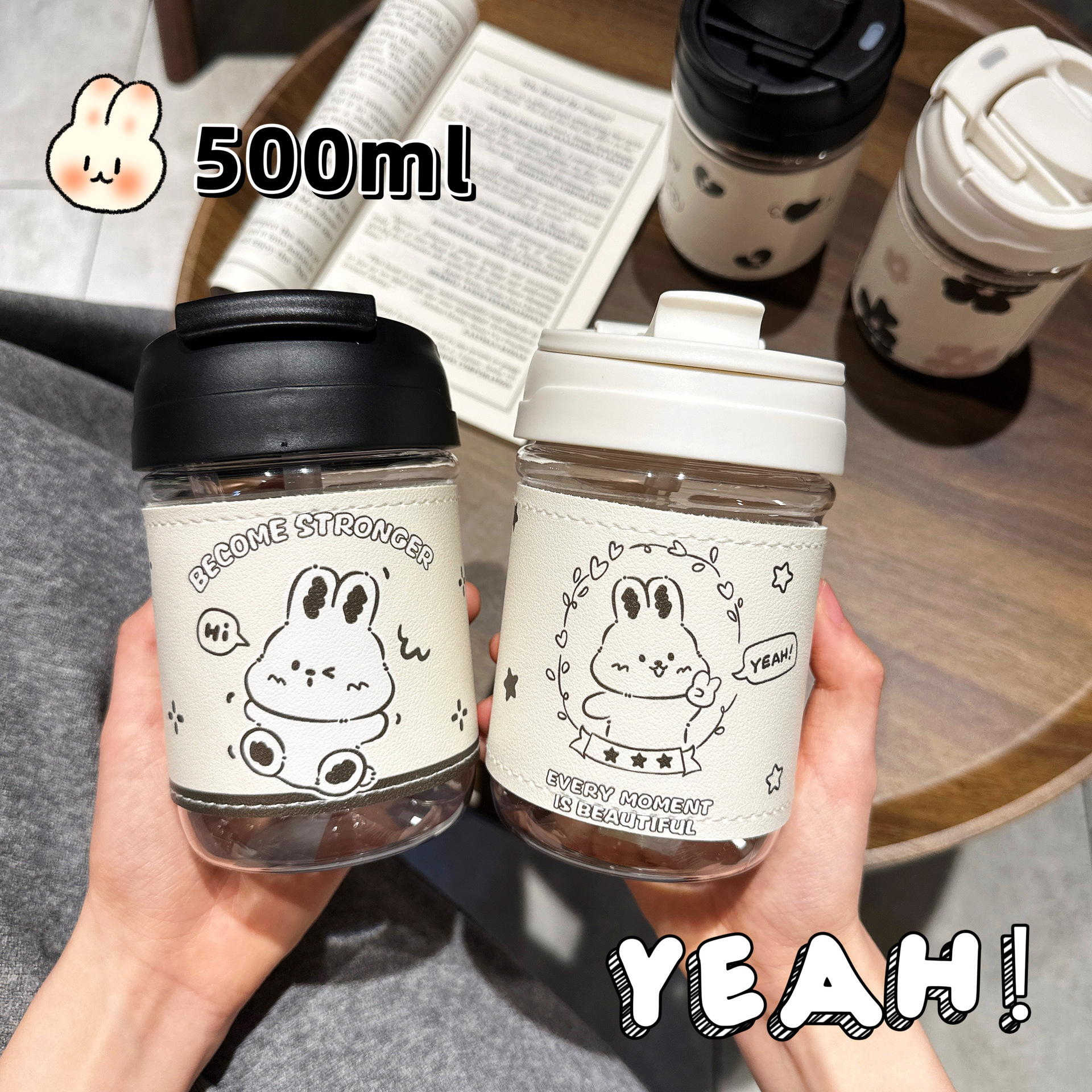 Cartoon leather case straw cup, double-drinking, heat-resistant portable coffee cup, student couple, cute, high appearance level girls' water cup full figure