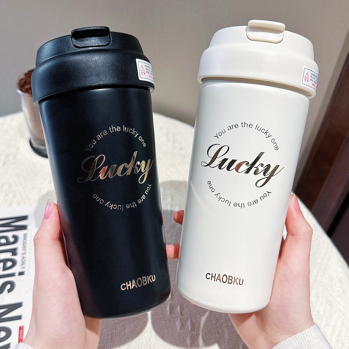 Office simple coffee cup with filter 316 stainless steel straw cup, high-end portable water cup for making tea at work full figure