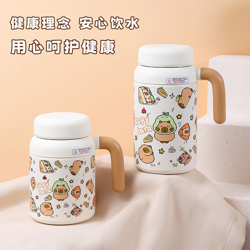 Kapibala high appearance level student insulated cup with 316 stainless steel straw, cute large-capacity children's double-drinking cup details Picture