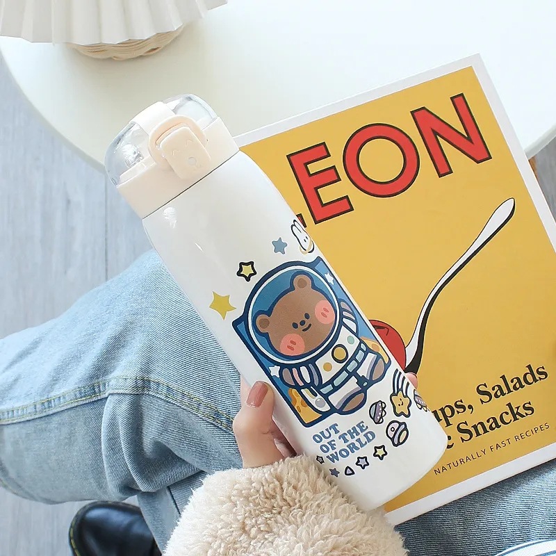 New type of insulated cup with straw, cartoon cute pop-up lid water cup, high appearance level for students, Korean version stainless steel cup wholesale Application Scenario