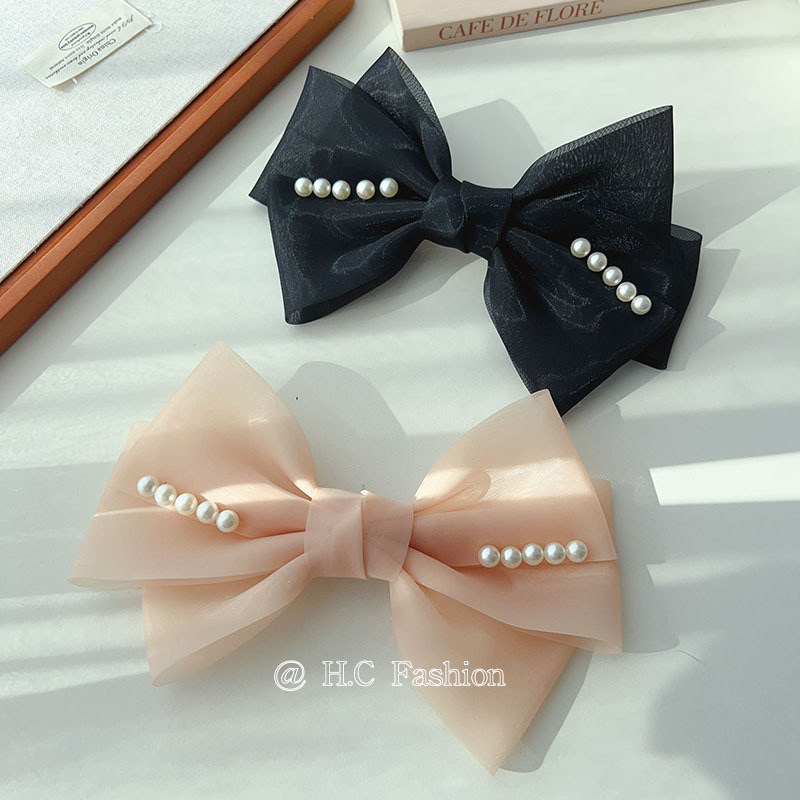 Organza bow pearl hair clip, Korean style hair accessory, simple and elegant headwear, female hair clip at the back of the head Specification drawing