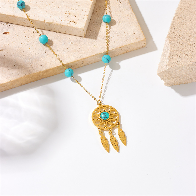 European and American fashion style, retro ethnic style, turquoise beaded dream catcher, pendant chain, titanium steel necklace details Picture