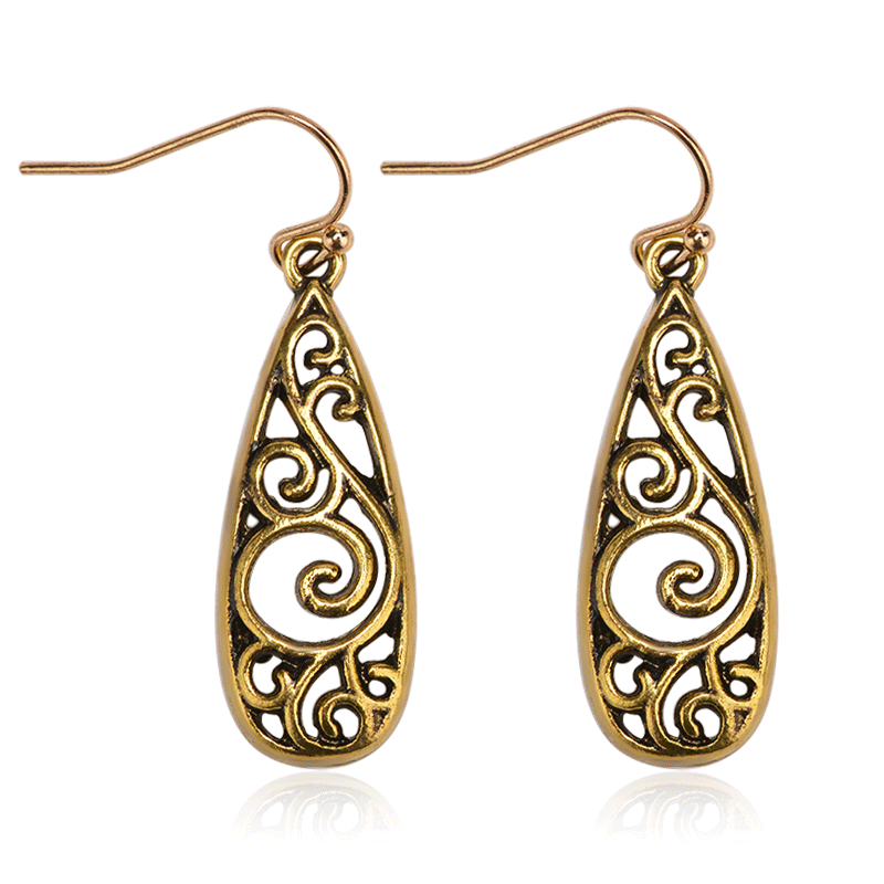 European and American export retro alloy carved court earrings for women, cross-border ethnic style water drop hollowed-out pattern earrings Item Picture
