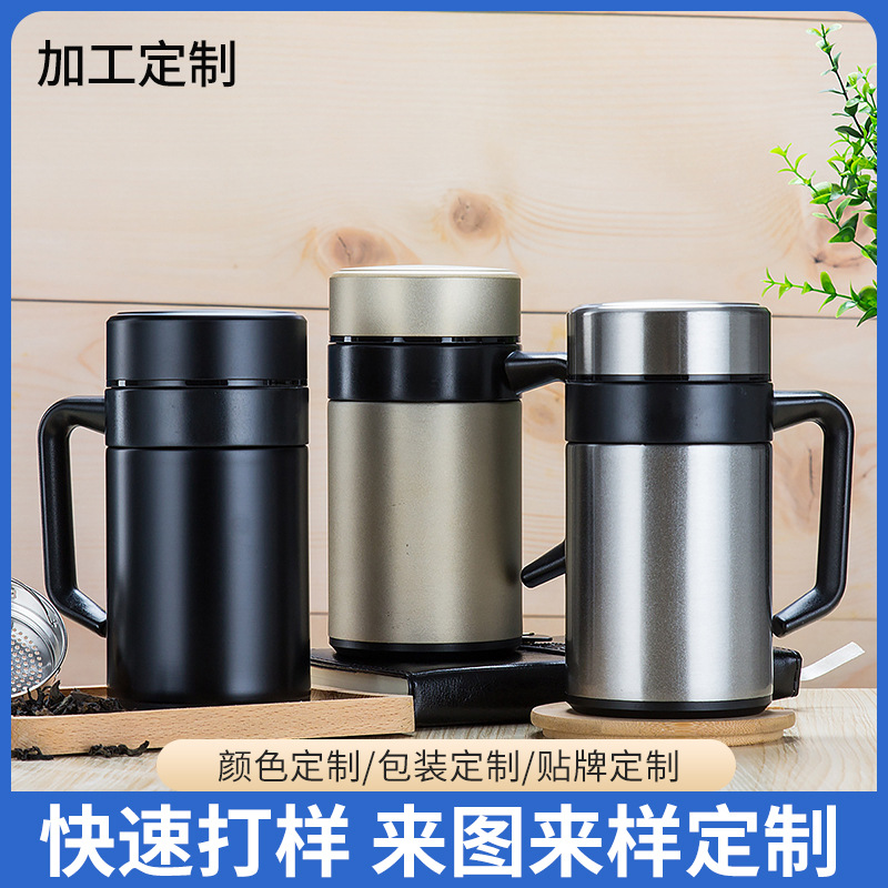 Wholesale stainless steel insulated cups as gifts, men's business office cups with handles, filters, tea brewing cups, and logos full figure