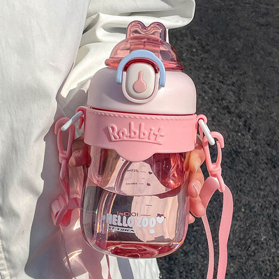 Cute rabbit plastic cup, high appearance level, girls' diagonal cross water bottle, outdoor portable, student, girl and children's straw cup full figure