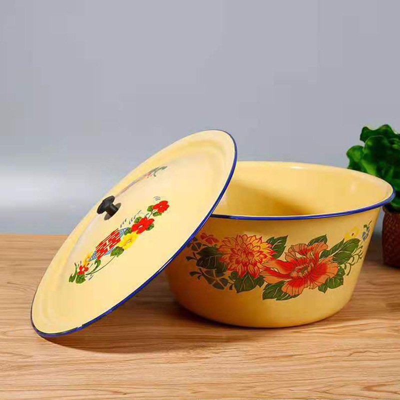 The same style of enamel cake basin as the Internet celebrity, with a lid, yellow and dark enamel soup pot, enamel enamel washbasin, enamel soup basin details Picture