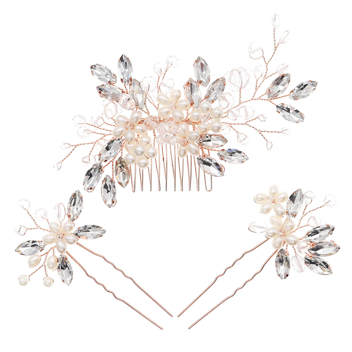 European and American wedding bride accessories, handcrafted comb set, versatile updo headwear, rhinestone, pearl, flower hairpins and combs Item Picture