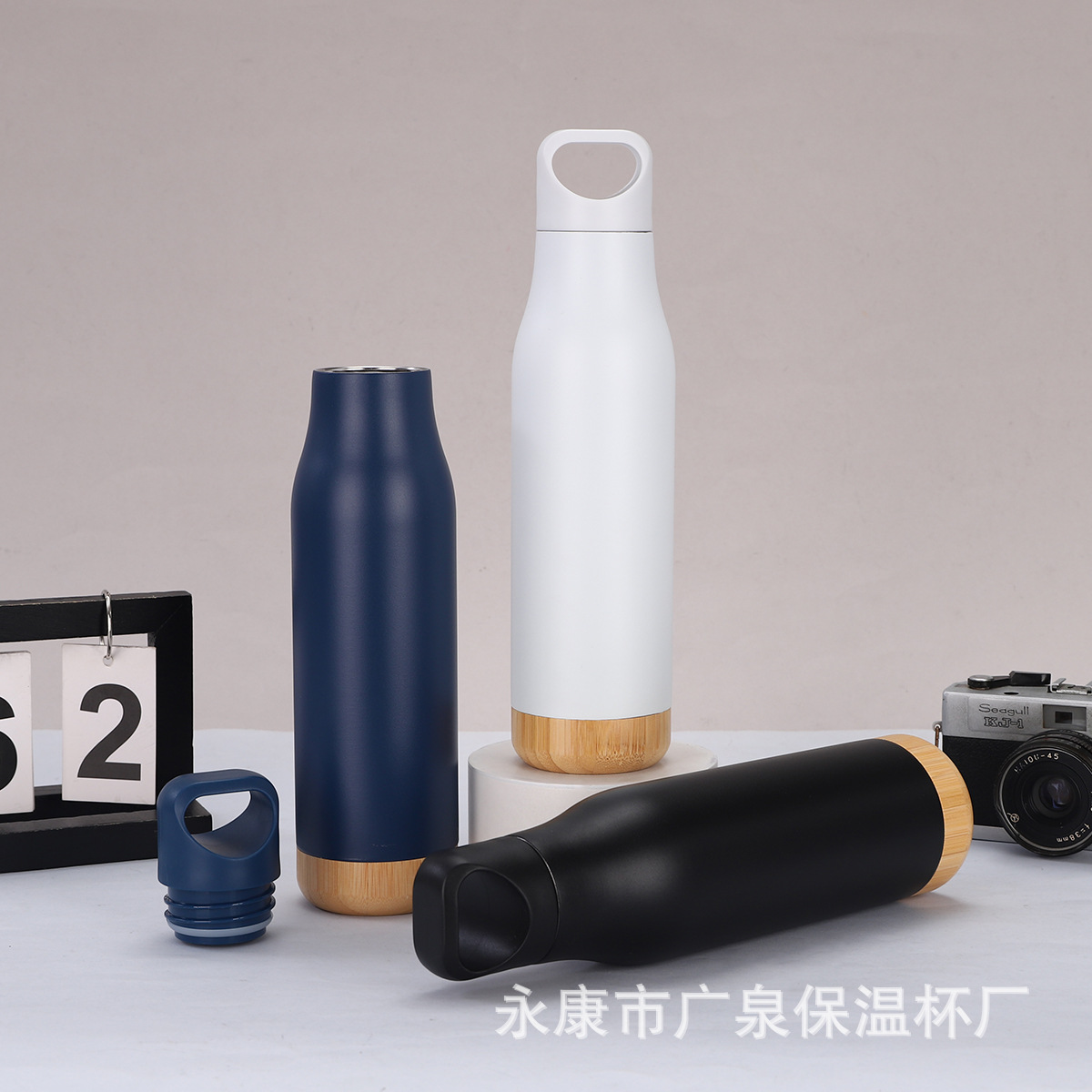 New bamboo-bottomed sports bottle, wide-mouthed sports bottle, double-layer stainless steel sports water cup, handle cover, insulated cup details Picture