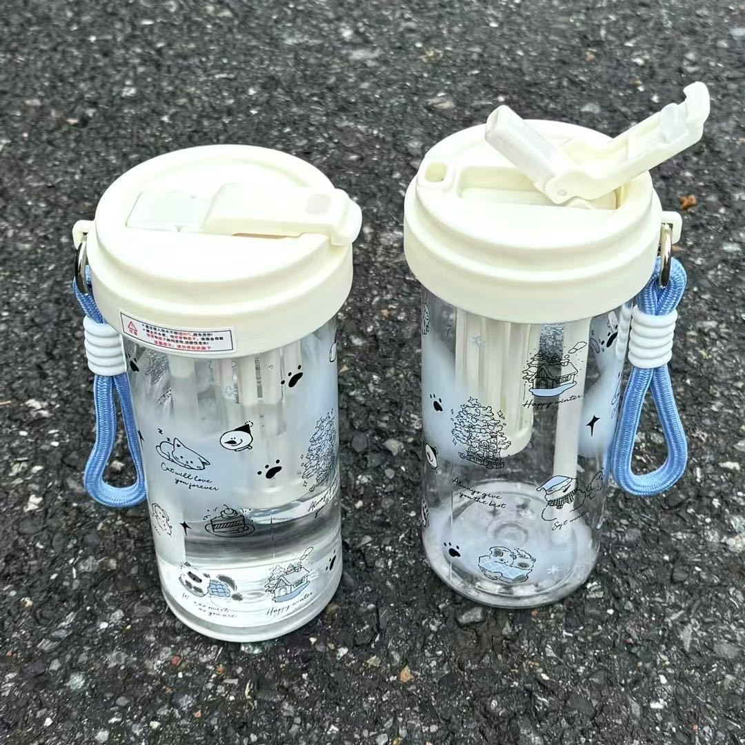 Simple tea cups, student-style plastic coffee cups, cute double-drinking straw cups for girls, high appearance level, portable fruit tea cups details Picture