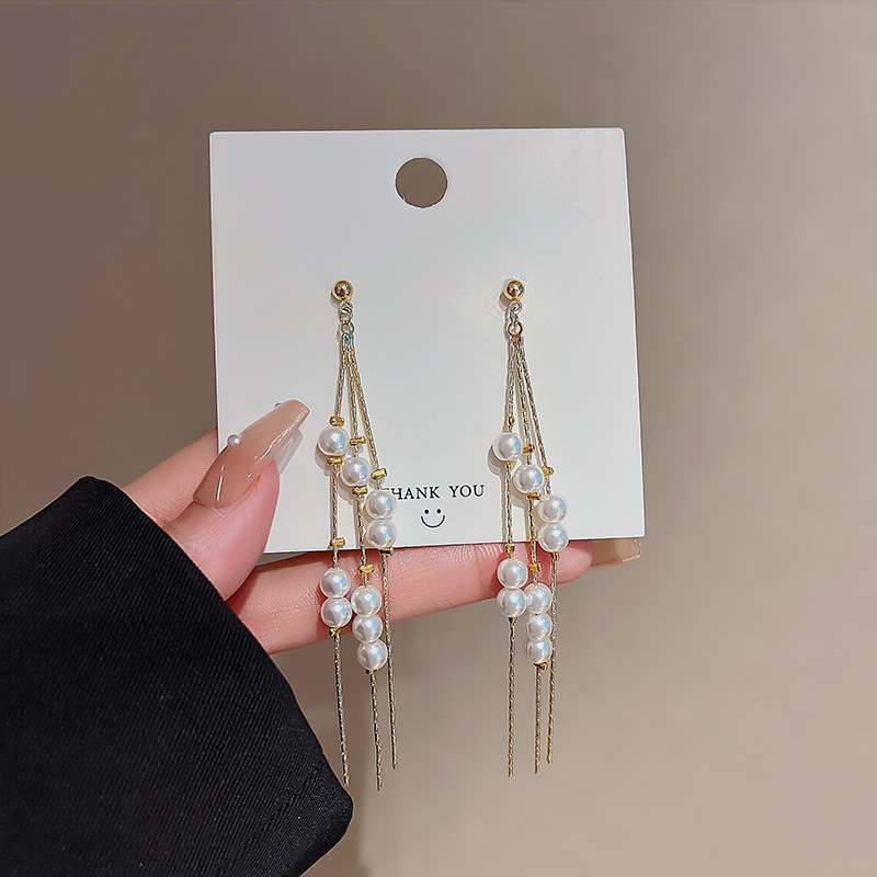 925 Silver needle chain pearl tassel earrings, a long and unique European and American style earring for women, a fashionable and elegant earpiece that has become a social media sensation Specification drawing