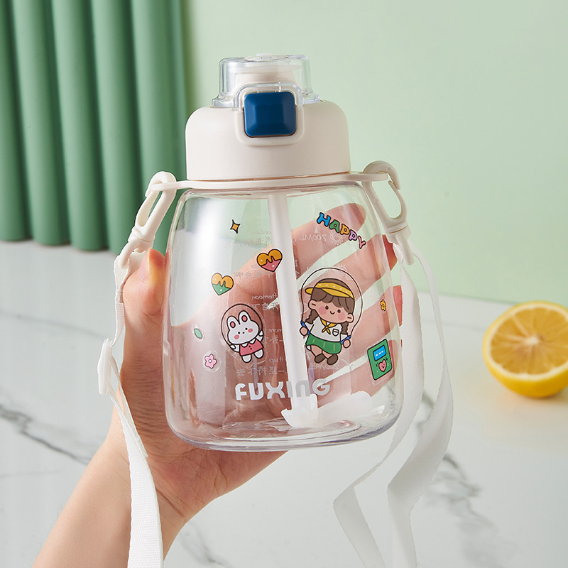 Fuxing Children's straw cup, big-belted cup, cute plastic cup for students, Cartoon water cup, portable water bottle for Outdoor sports Specification drawing