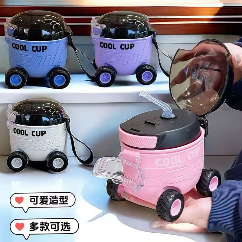 Wholesale of new cartoon Mars rover, children's plastic stroller, water cup, outdoor portable baby straw cup gifts full figure