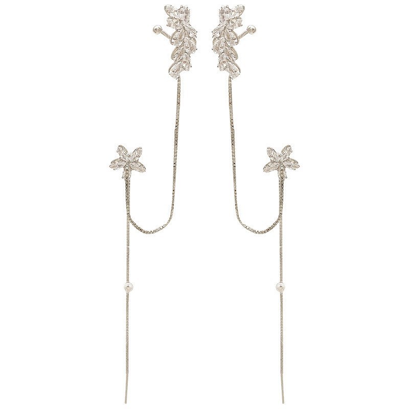 2025 New trendy and super zirconia ear string pull-out earrings for women, a new exquisite and fashionable flower ear bone clip from South Korea Item Picture