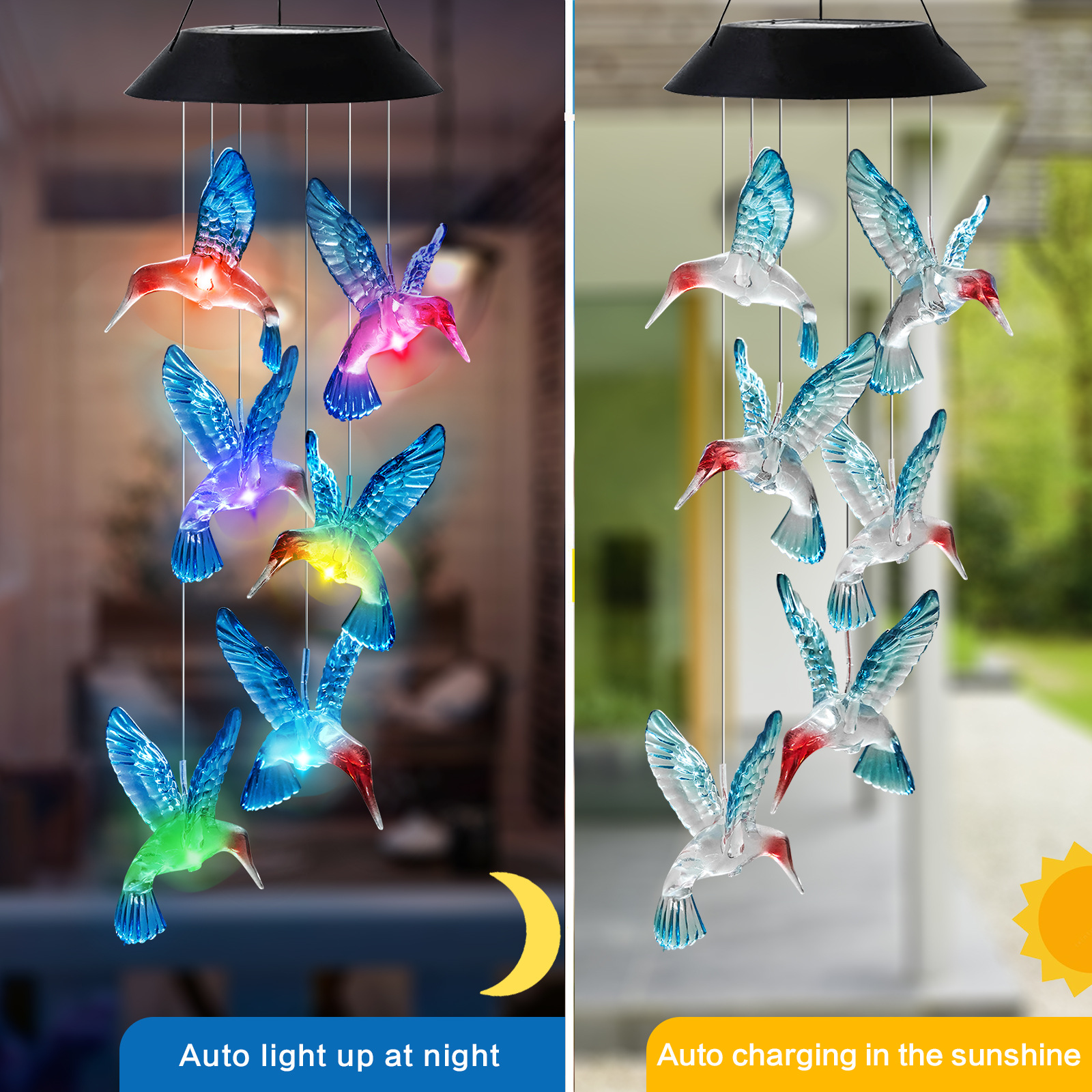 New outdoor solar wind chime LED black shell bluebird wind chime Christmas gift Specification drawing