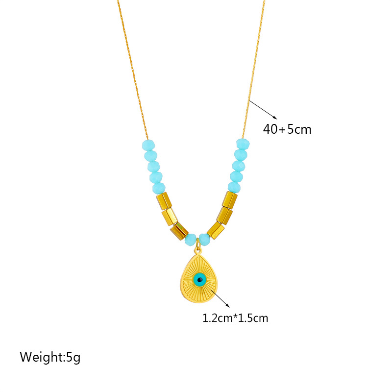 European and American cross-border fashion, simple, niche and retro blue eye water drop pendant, cut surface beaded titanium steel chain necklace Application Scenario