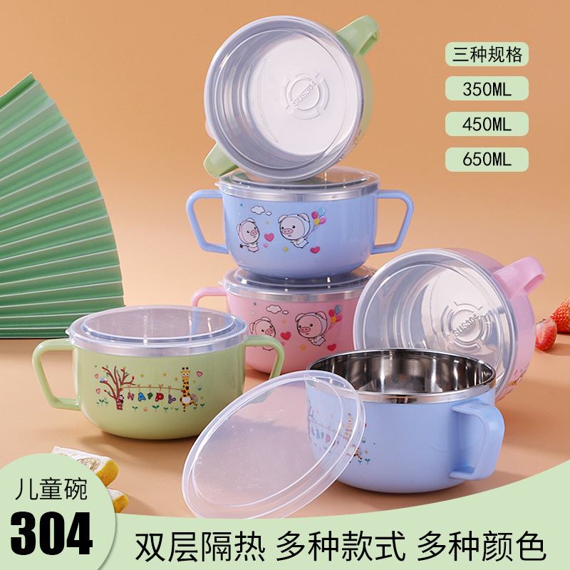 304 stainless steel children's cartoon rice bowl, double-layer heat-insulating double-ear bowl, baby food bowl with handle, gift logo Application Scenario