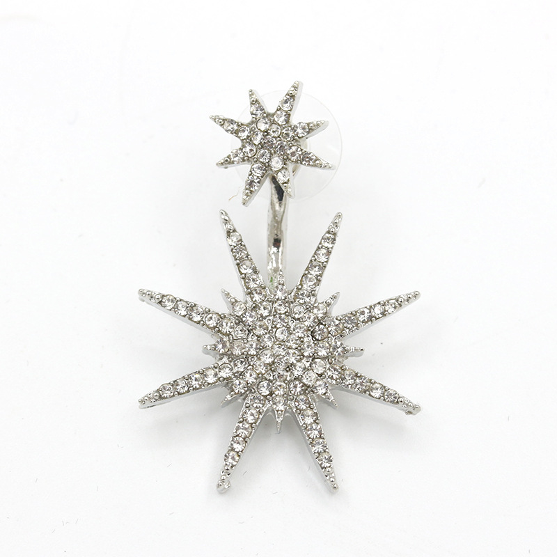 Wholesale of new European and American fashion accessories, diamond-encrusted back-hanging snowflake earrings, guardian accessories, hexagonal star stud earrings details Picture