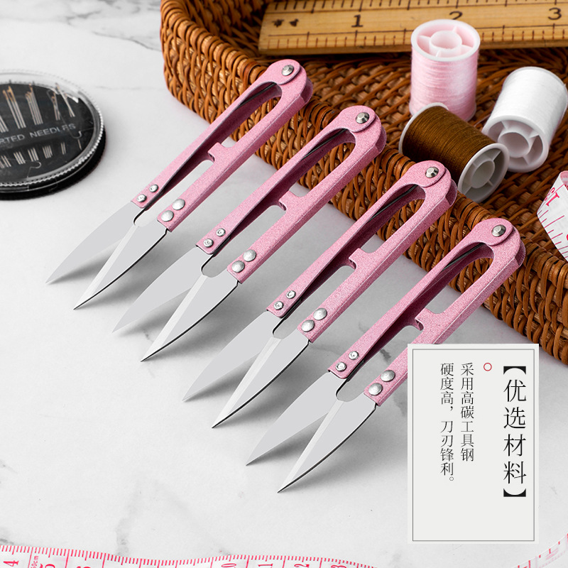 U-shaped scissors wholesale, small scissors for cutting and trimming thread ends, pink spring yarn scissors for sewing and tailoring clothing details Picture