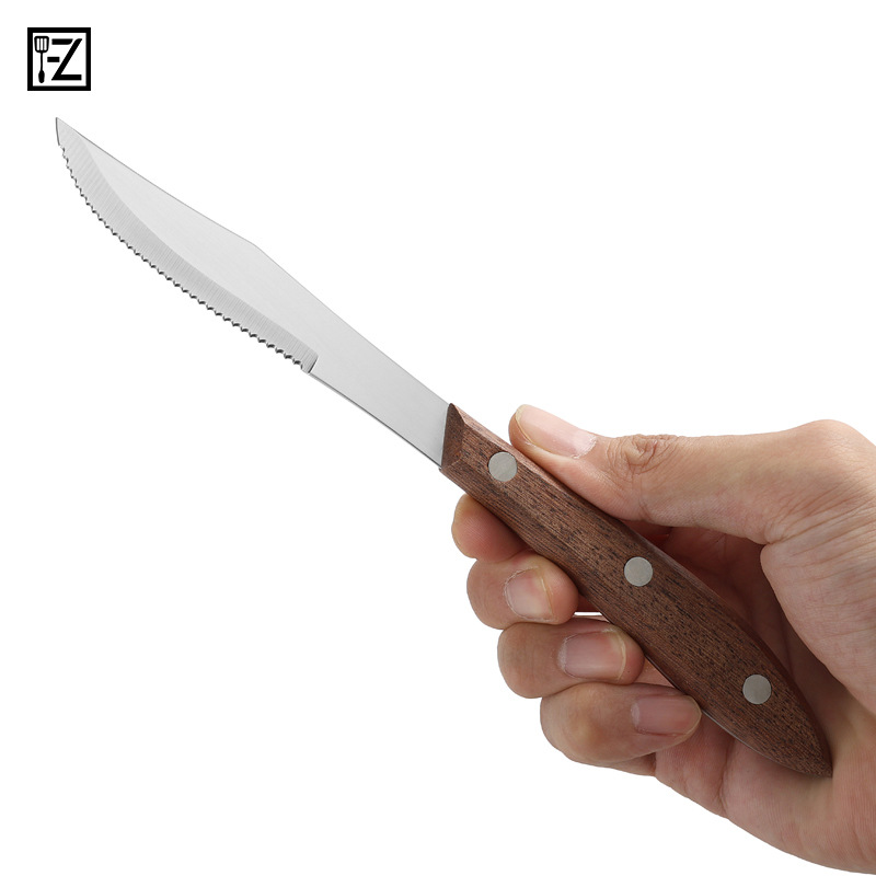 Steak knife, bread, cake and toast knife, wooden handle, serrated, stainless steel, Western-style household steak knife, round head knife Item Picture