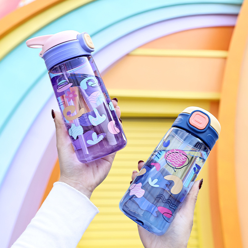 Summer cute cartoon children's plastic water cup, high appearance level student straw cup, outdoor portable school special cup details Picture