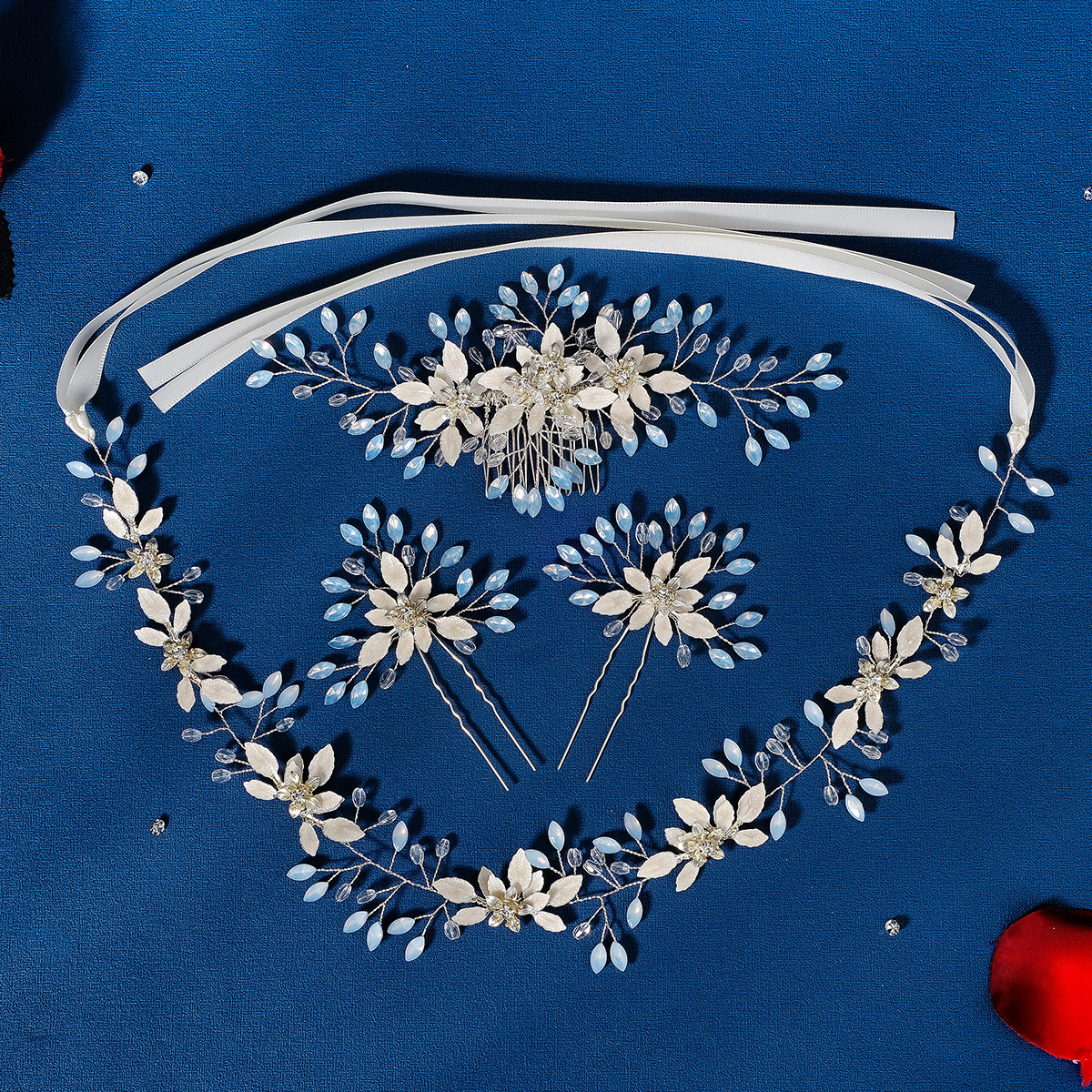 Three-piece set of European and American bride headwear, handcrafted opal headband, rhinestone flower bun, hairpin, wedding dress, evening gown and hair comb details Picture