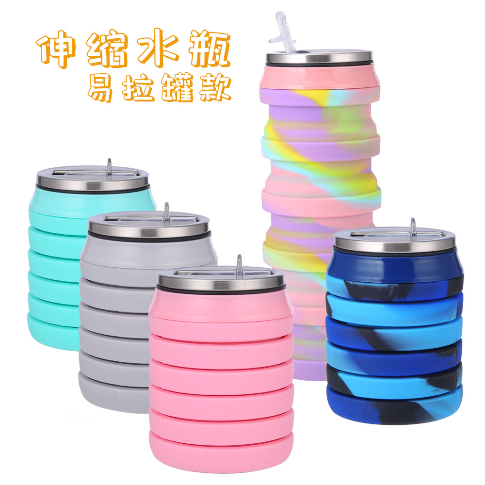 New Amazon silicone folding cup, creative stretchable can water bottle, camouflage folding sports water bottle full figure