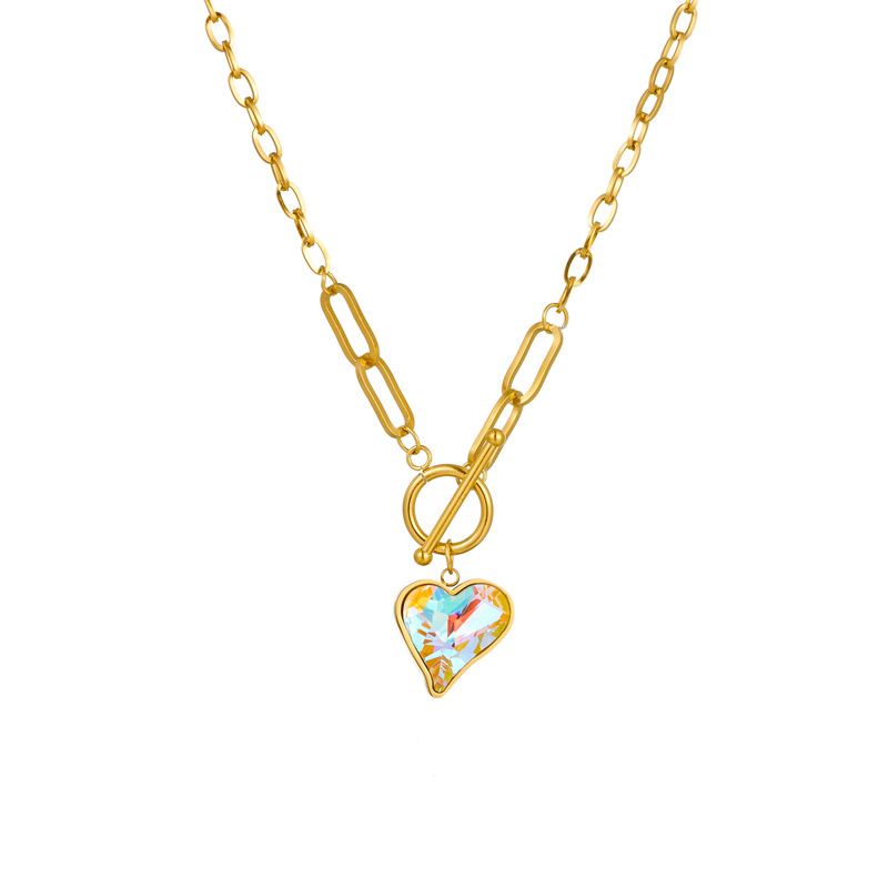 European and American fashion, creative, retro and high-end, cut surface iridescent crystal heart pendant OT buckle chain necklace Item Picture
