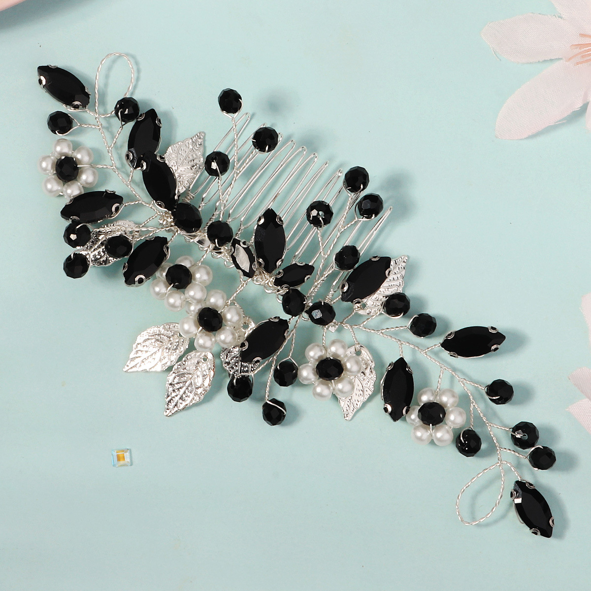 New water diamond pearl hair comb, Chinese Xiuhe ancient-style hair accessory, beautiful crystal flower arrangement comb, handcrafted bride's headwear Specification drawing