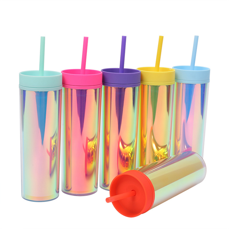 The manufacturer's new modern and simple cross-border transparent double-layer plastic cup is a colorful portable 16OZ straight cup Item Picture