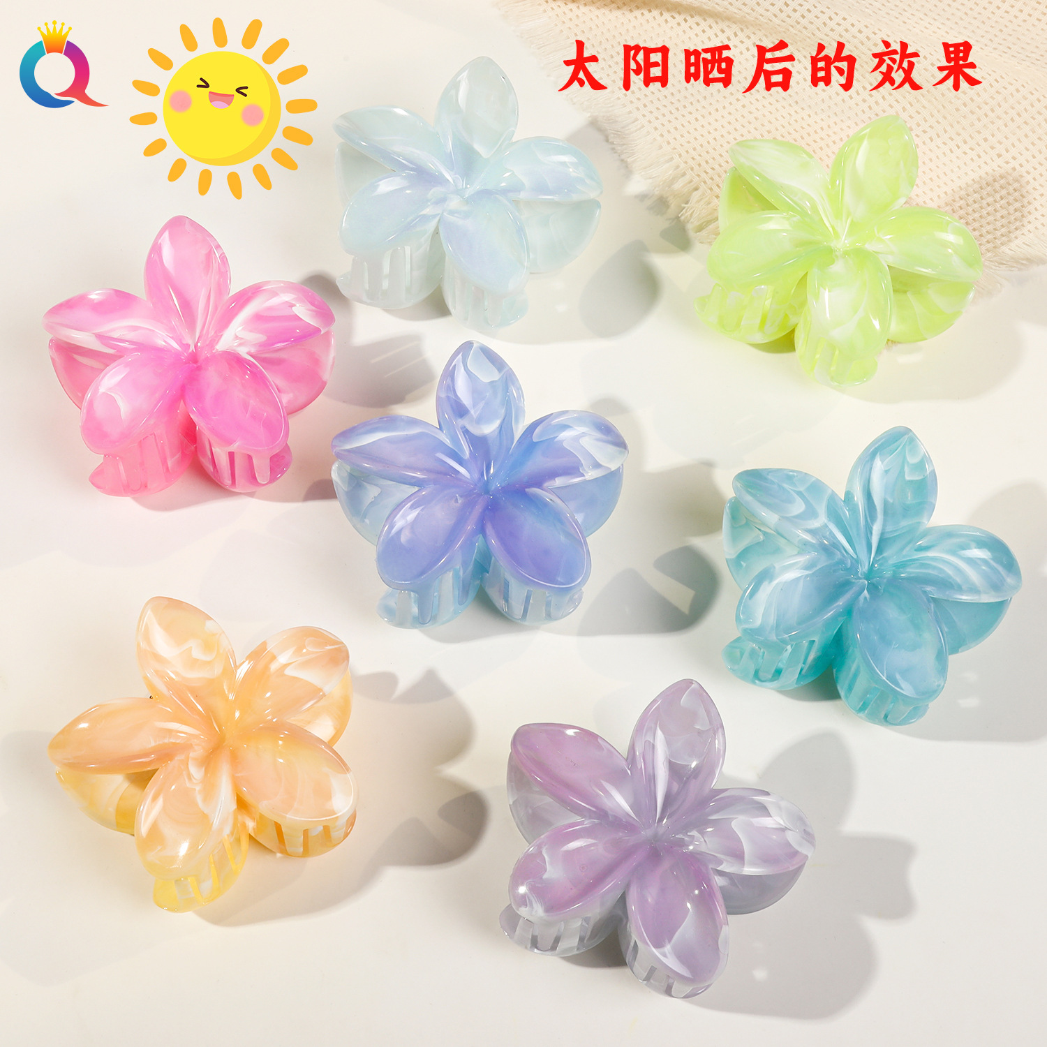 The new Qiyue ultraviolet photosensitive color-changing hair clip is sweet and elegant. It features a shark clip on the back of a woman's head, a hair bun and a hair clamp details Picture