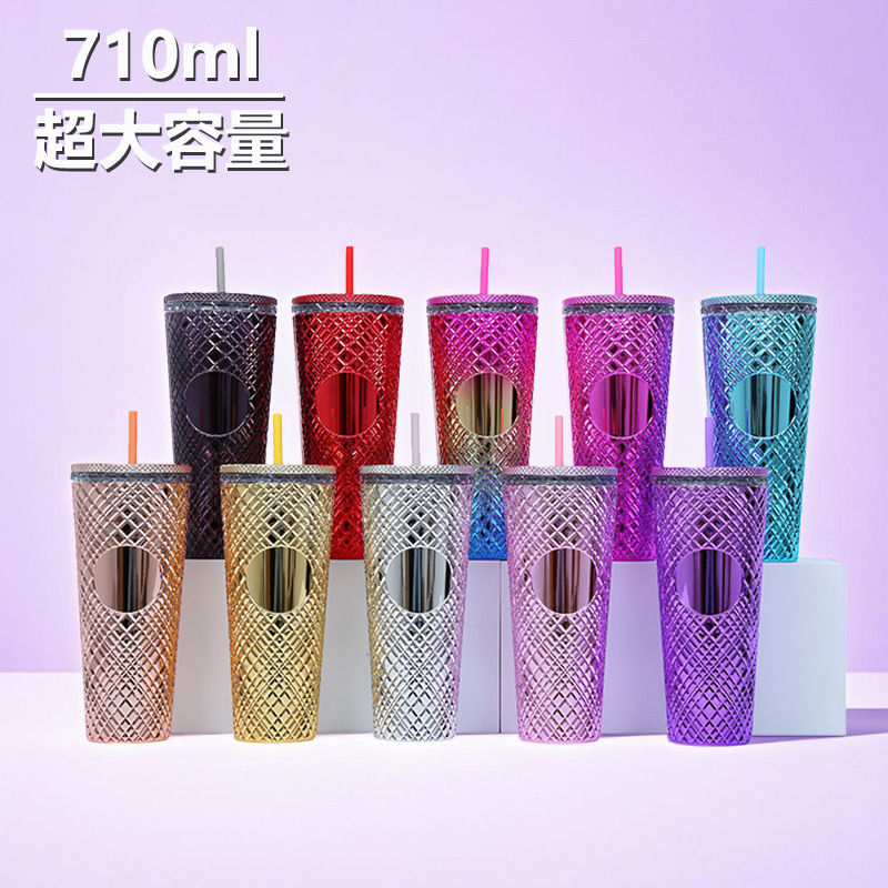 Amazon factory direct supply 710ml large-capacity water cup, irregular grid conical plastic cup, popular straw cup details Picture