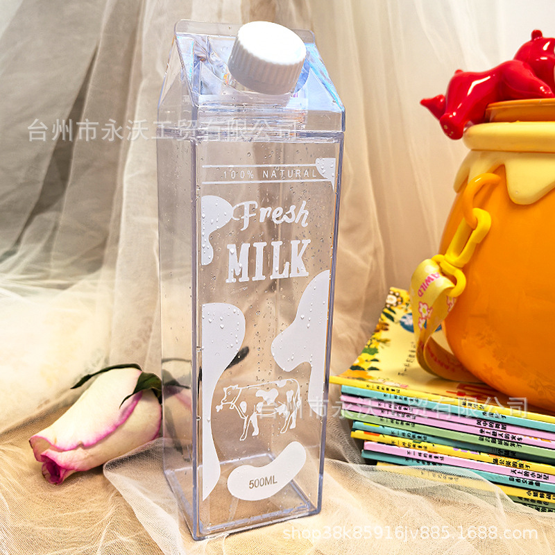 Creative cartoon square milk box-shaped water cup, transparent large-capacity portable juice box for home use in summer details Picture
