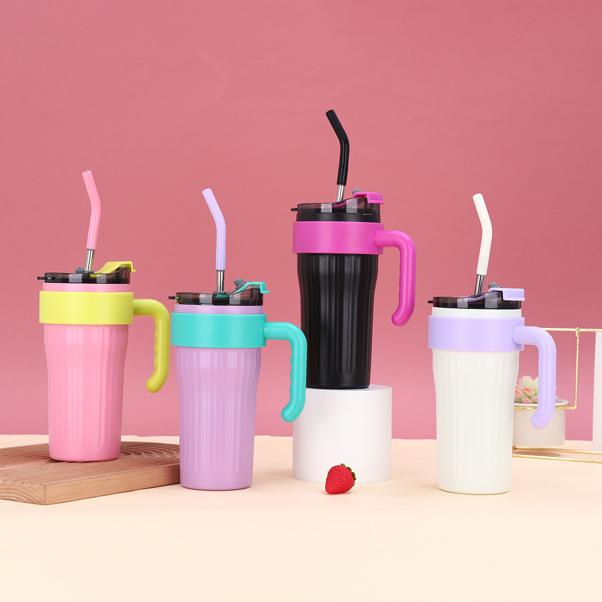 High-quality appearance level couple cold preservation ice cup, household large-capacity handle straw cup, double-layer vacuum stainless steel insulated cup full figure